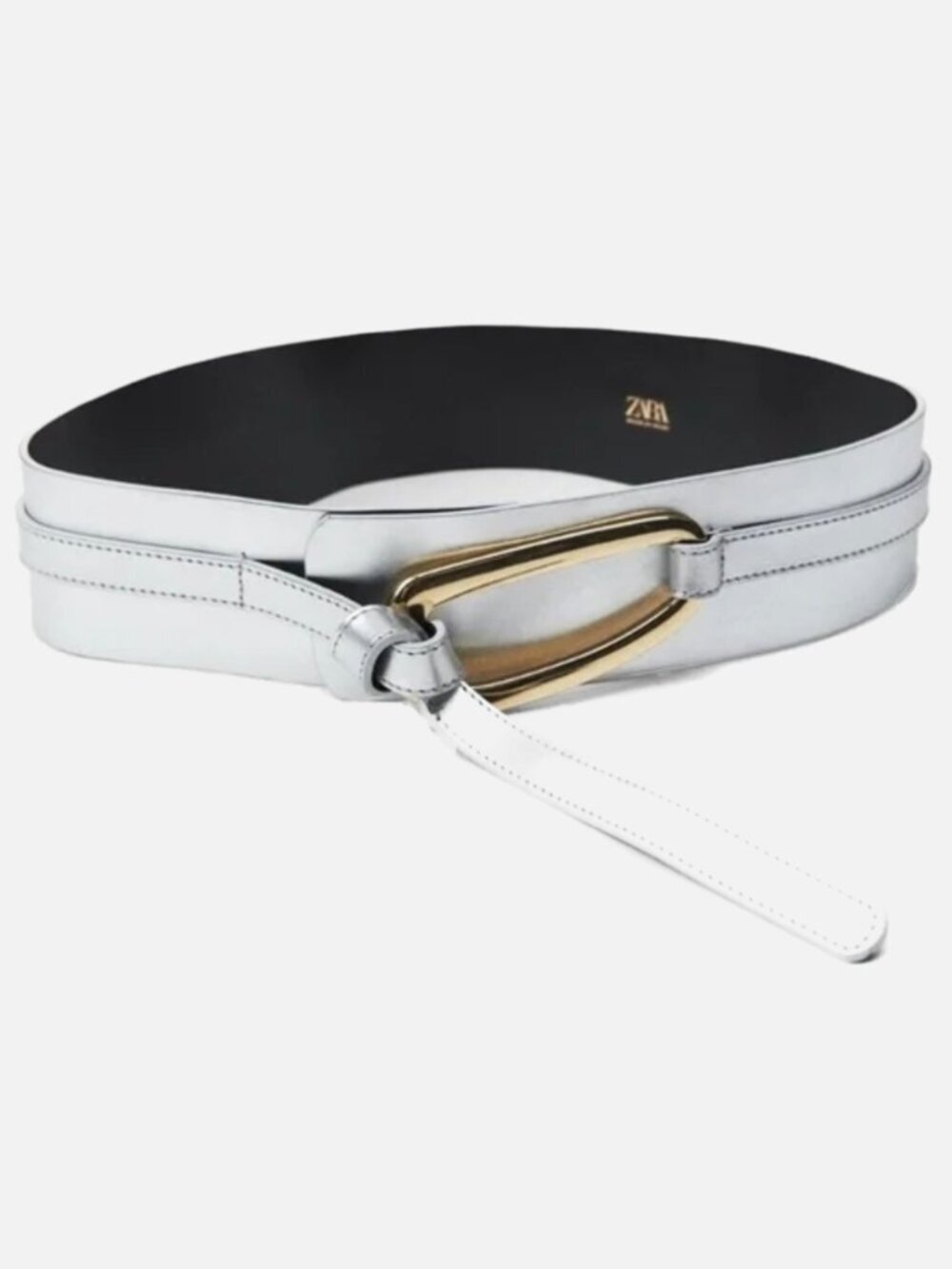 ZARA Limited Edition Silver Metallic Leather Wide Sash Belt Gold Buckle 85 M